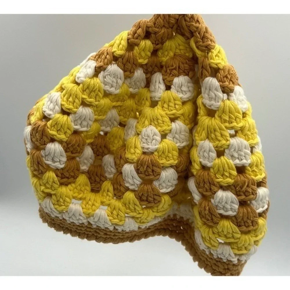 Free People Womens Crochet Beret Hat Yellow Brown Granny Square Cotton Boho 70's
